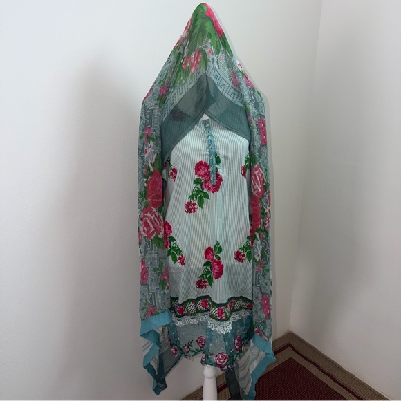 Dresses & Skirts - Pakistani Mint Green Floral 3 piece suit  Salwar Kameez & Dupatta, Size Large
